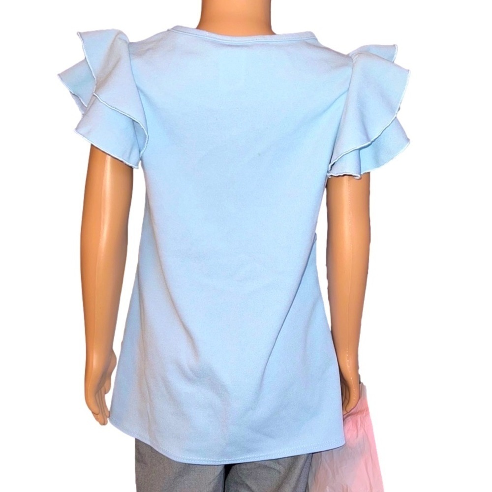 Girl’s baby blue, ruffled cap sleeve, Asymmetricala, top by Miss Majesty